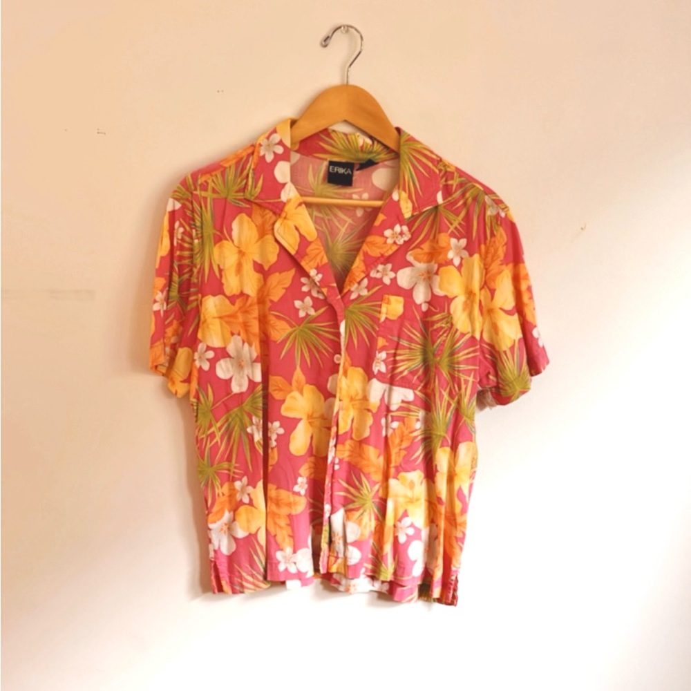 Vintage pink Erika Button Down tropical print vintage summer shirt